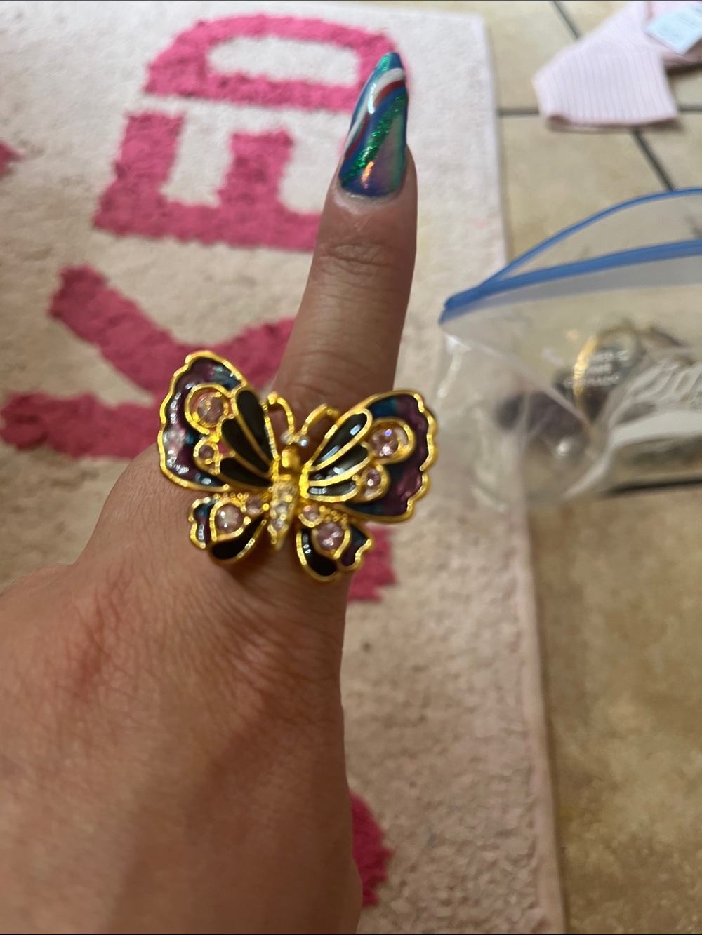Gold Butterfly Statement Ring - Pink and Black Enamel